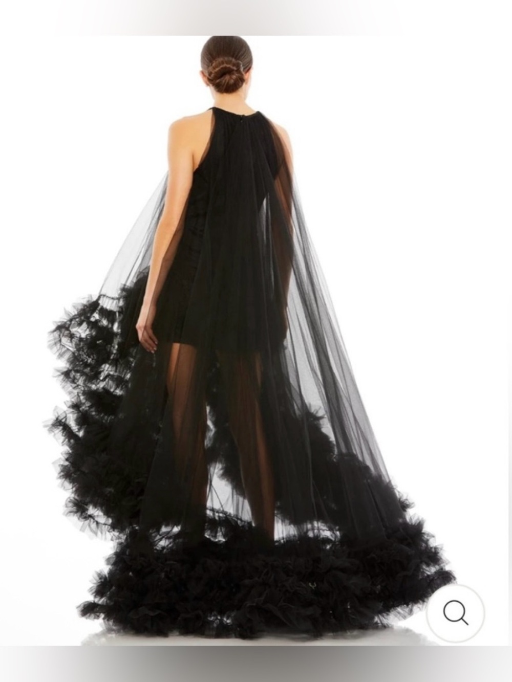 New Mac Duggal Tulle High Neck Sleeveless Ruffled Hem Hi Lo Gown - Picture 4 of 12